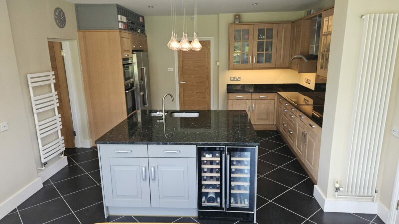 Crown Painted Grey & Oak Shaker Style Kitchen & Island Neff Appliances